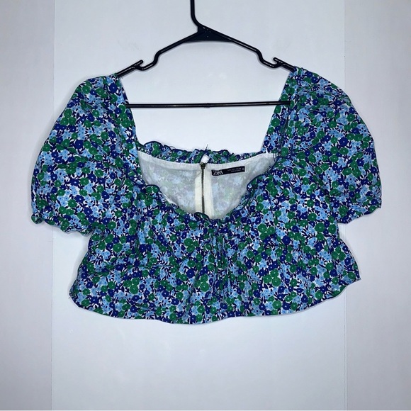 Zara blue green floral puff sleeve back zip crop top size large - Picture 2 of 6